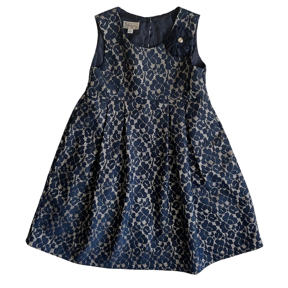 Pippa & Julie Girls Navy Blue Lace Dress Party Flower Accent Size 6X
